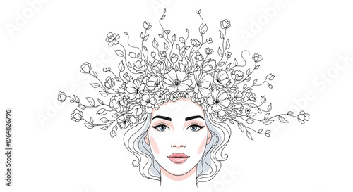 Elegant portrait of a woman adorned with intricate floral crown artwork showcasing natural beauty