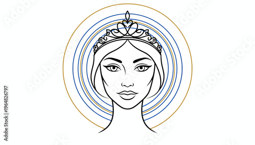 Elegant regal woman portrait line art illustration with crown and golden blue aura, timeless queen