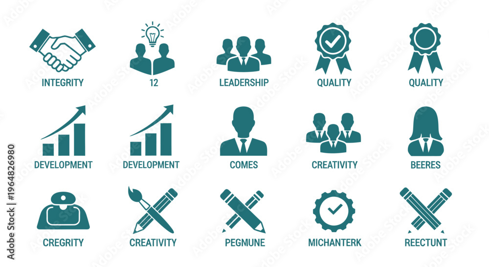 Fototapeta premium Infographic icons representing leadership, creativity, ethics, quality and development in business and teamwork.