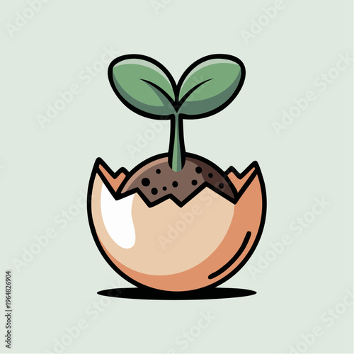Cartoon illustration of green sprout growing from cracked eggshell