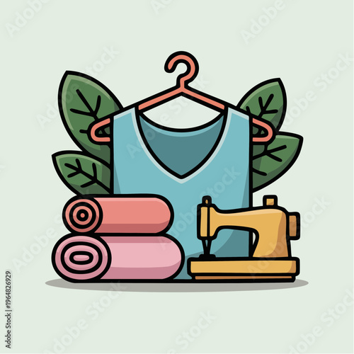 Colorful illustration of sewing machine, clothes, and fabric rolls wit