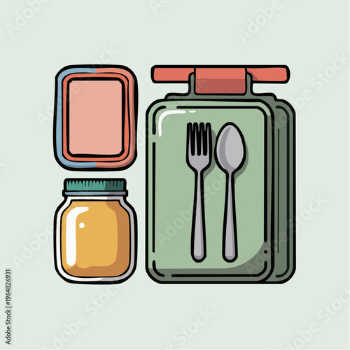 Colorful illustration of lunch box with utensils and jar