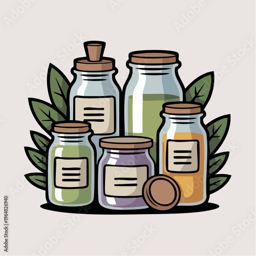 Colorful cartoon illustration of glass jars with herbal supplements an