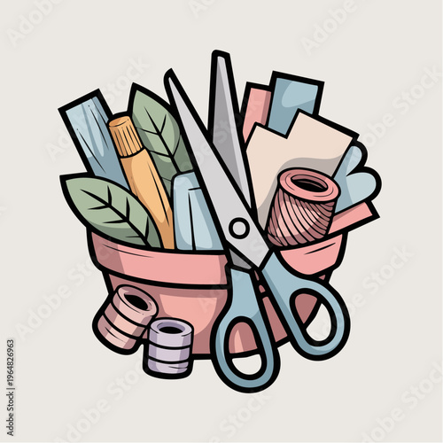 Colorful hand-drawn illustration of sewing and crafting tools in a bas