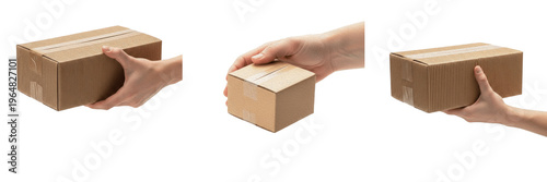 Schilderij op canvas Set of hands holding brown cardboard boxes, delivery service and sustainable product packaging concept isolated on white background