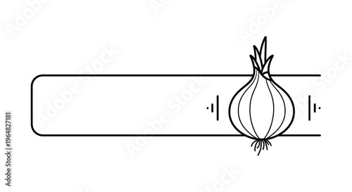 Minimalist black and white line art illustration of a fresh whole onion with a prominent blank bar