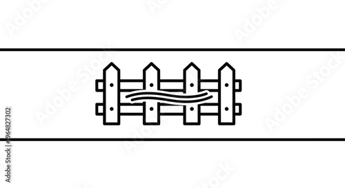 Minimalist black and white line art illustration of a picket fence with an abstract wavy line