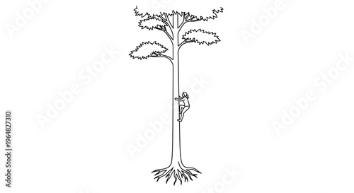 Continuous line art illustration of a person ascending a tall tree trunk with roots visible below