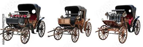 Φωτογραφία Set of vintage horse-drawn carriages and early motorized buggies isolated on white background, antique Victorian era transport with wooden wheels and leather canopy