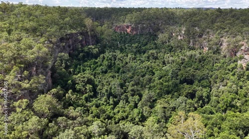 Aerial view of Cania Gorge sandstone cliffs and forest landscape in Queensland