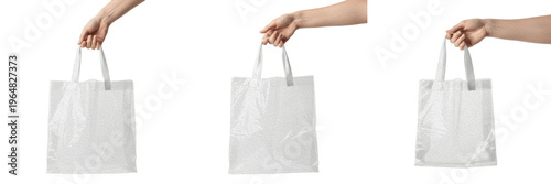Foto Hands holding white plastic shopping bags mockup for retail branding and grocery