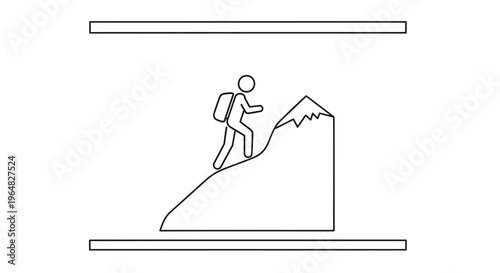 Minimalist line art illustration of a person hiking up a jagged mountain peak, symbolizing a