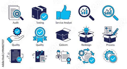 Collection of assorted blue line icons representing technology, business, and communication elements for design projects.