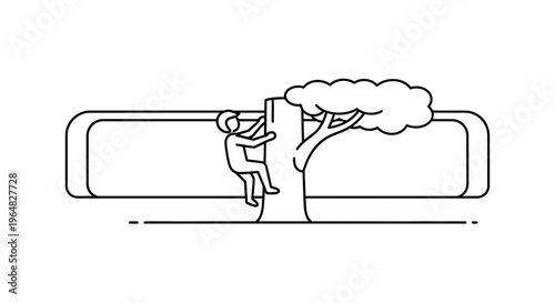Minimalist line illustration depicting a person actively climbing a sturdy tree trunk for an