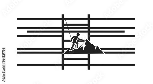 Unyielding ascent of a solitary climber on a stark mountain against abstract lines representing