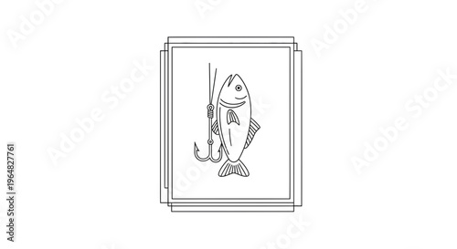 Minimalist line art illustration of a fish hooked on a fishing line symbol of aquatic adventure