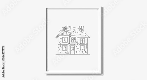 Detailed vector outline of a dilapidated house showing significant structural damage and urban decay