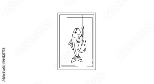 Minimalist Line Art Illustration of a Fish on a Hook within a Frame Symbolizing Angling Success