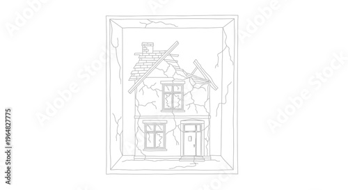 Illustrative depiction of an abandoned and decaying old house within a deteriorating cracked frame