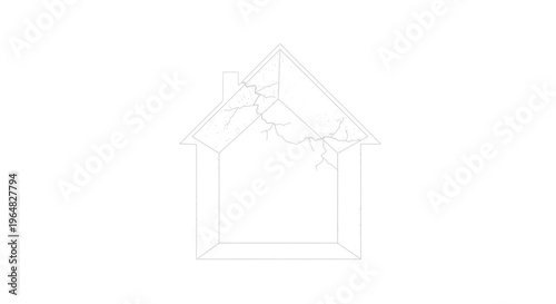 Outline of a damaged home structure with visible cracks on the roof and walls indicating