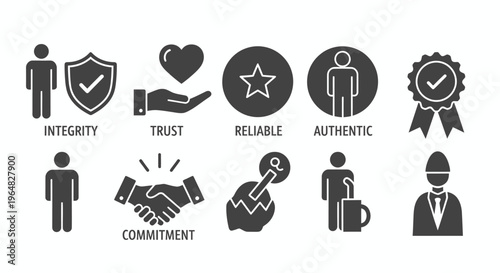 Vector icons illustrating core workplace values: integrity trust reliability and commitment across diverse icons.