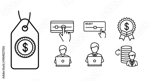 Collection of business finance and payment icons including price tag, credit card, and coins.