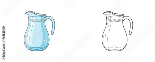 Flat colored and black line art cartoon illustrations of a clear glass pitcher with handle and spout representing kitchenware and glassware products isolated on white background