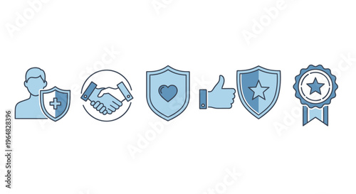 Set of blue trust, security, and teamwork icons for business concepts and protection themes.