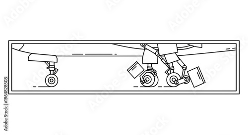 Minimalist line art illustration of an aircraft landing gear system mechanism for aviation design