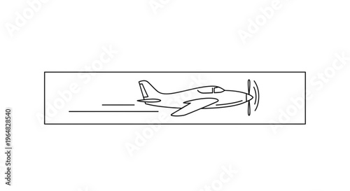 Minimalist black outline vector illustration of a small propeller plane in swift motion, depicting