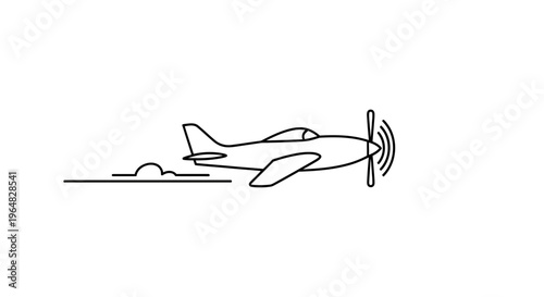 Minimalist line art illustration of a classic propeller aircraft in dynamic flight with speed