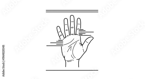 Abstract line art illustration of an open palm hand with digital data scanning lines biometric