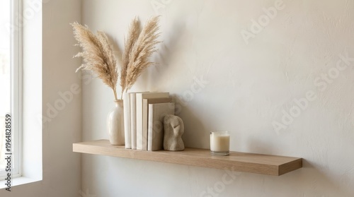 Neutral toned shelf decor with pampas grass books and candle