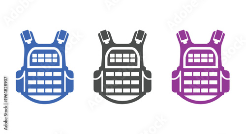 Three bulletproof vests in blue, gray, and pink colors on a white background, flat lay from above.