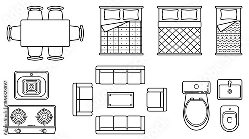 Top View Interior Furniture Floor Plan Vector Set: Bed, Sofa, Kitchen, and Bathroom Blueprint Symbols