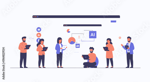 Team of professionals collaborating on data and AI project with screens