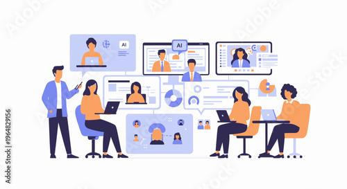 Team of Professionals Collaborating in Video Conference Workspace