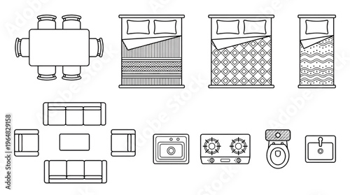 Top View Interior Furniture and Plumbing Floor Plan Symbols: Blueprint CAD Line Art Vector Set. Bed, Sofa, Couch, Chair, Table, Sink, Stove, Toilet, Washbasin, Armchair, Commode