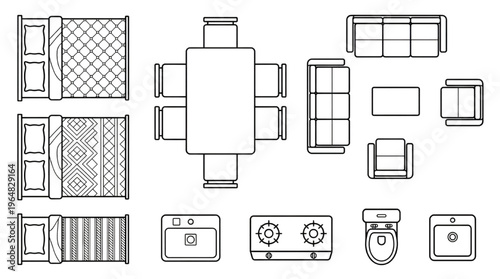 Top View Interior Furniture and Plumbing Floor Plan Symbols: Blueprint CAD Line Art Vector Set. Bed, Sofa, Couch, Chair, Table, Sink, Stove, Toilet, Washbasin, Armchair, Commode