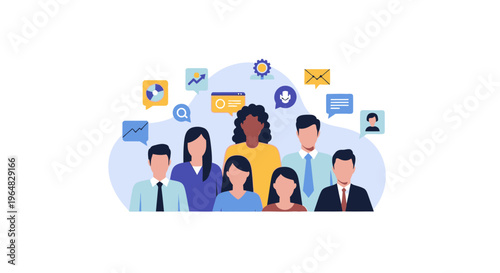 Group of Diverse Professionals with Communication Icons for Collaboration
