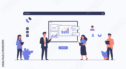 Business meeting presenting data analytics on large screen in modern office