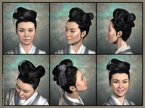 Showcasing six facial angles of an ancient Chinese woman in a detailed character sheet illustration