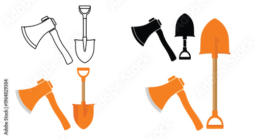 Collection of various garden tools icons including shovels and axes in different colors on a white background.