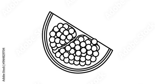 Minimalist line art illustration of a segmented pomegranate fruit slice with visible arils on a