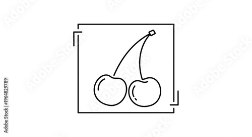 Minimalist outlined illustration of ripe double cherries in a neat square frame graphic element