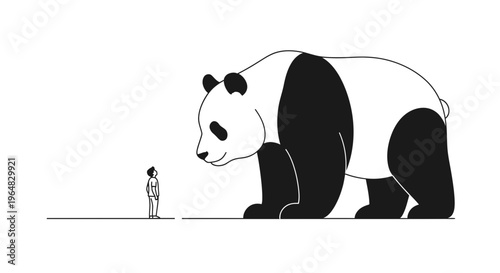A tiny human gazes up at a colossal panda, highlighting a profound difference in scale and