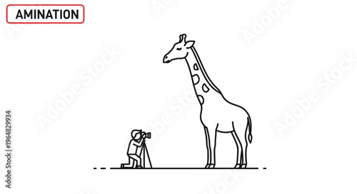 Minimalist Line Art Illustration of a Human Photographer Documenting a Tall Giraffe