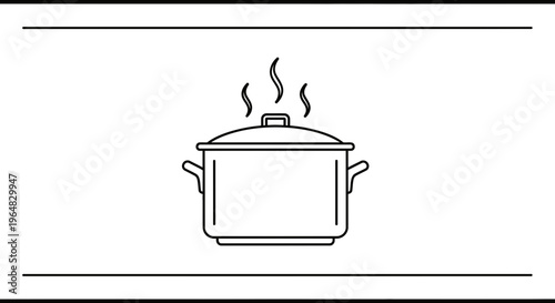Minimalist line art illustration of a steaming cooking pot on a clean white background conveying