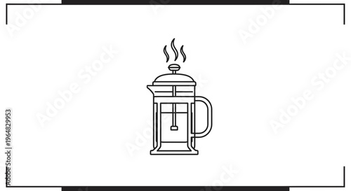 Clean line art graphic depicting a hot French press coffee or tea maker with steam rising