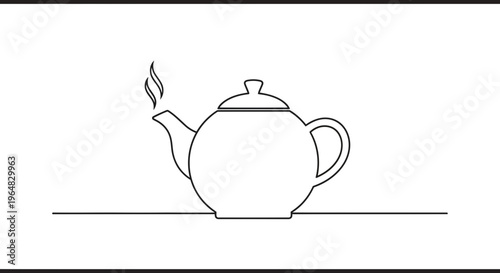 Elegant single continuous line drawing of a steaming teapot brewing fresh hot beverage in simple